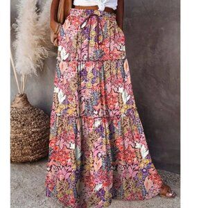 Boho Floral Print Stretchy Waist Ruffle Hem Maxi Skirt